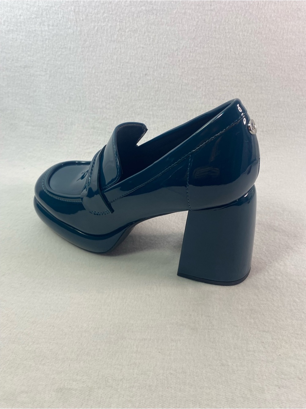 Nine West Women’s Patent Square Toe Loafer Block Heels Shoes 6423 Teal Size 7M